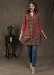 Red Floral Print Tunic With Pockets