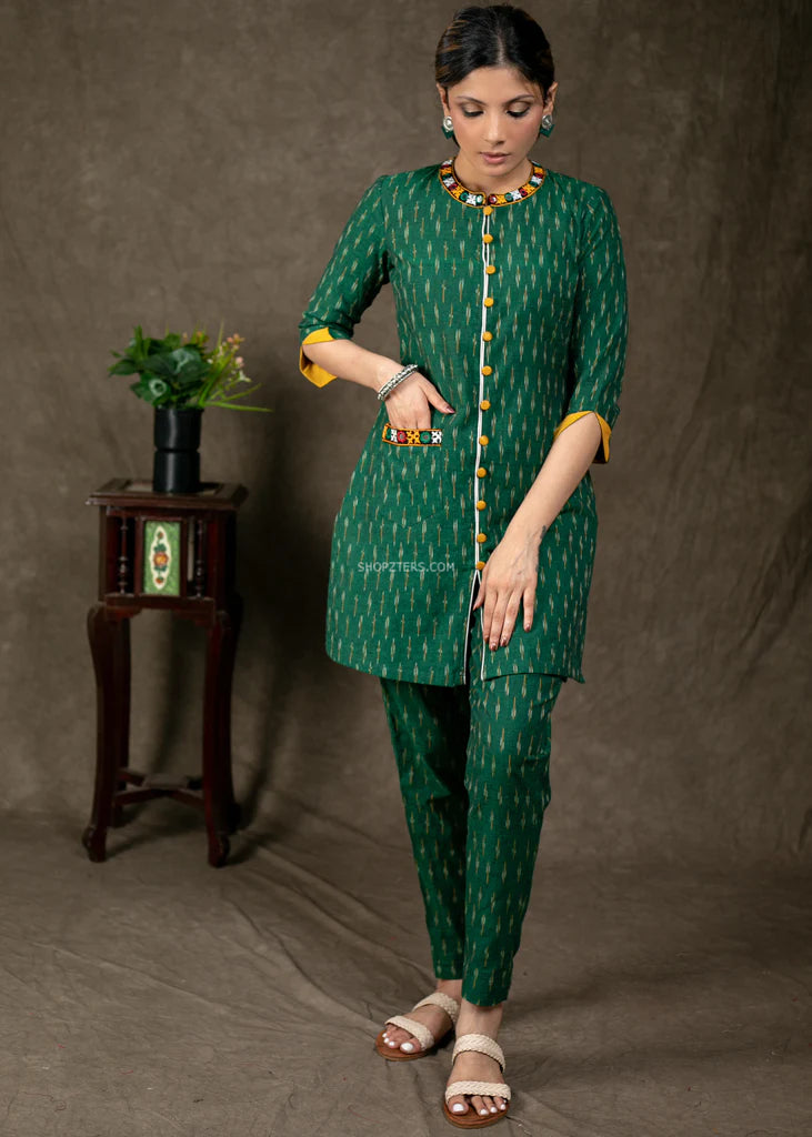 Green Ikkat Tunic With Kutch Work