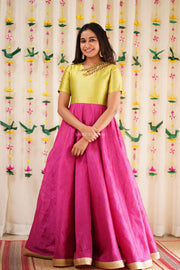 Green & Pink Semi Tussar Dress