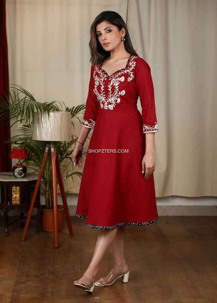 Maroon Cotton Midi Dress With Embroidery