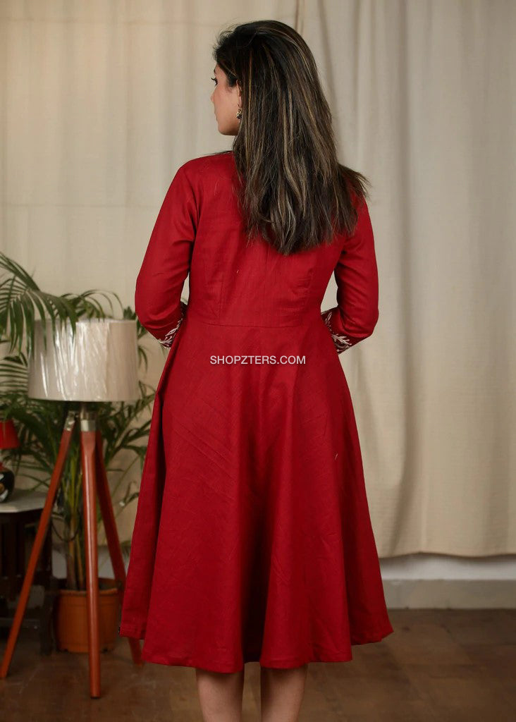 Maroon Cotton Midi Dress With Embroidery