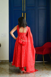 Red Silk Suit Set With Organza Dupatta