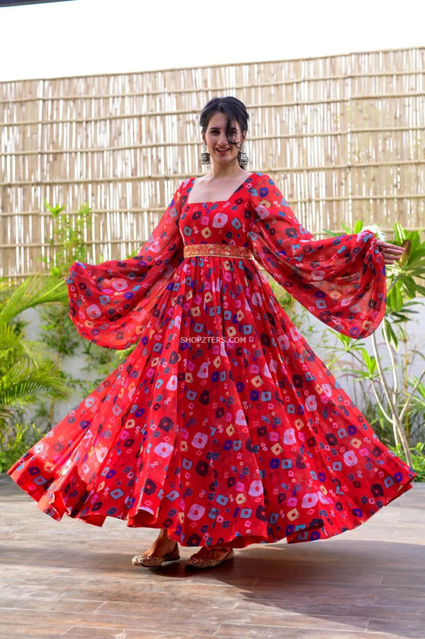 Red Georgette Maxi Dress With Balloon Sleeves – Shopzters