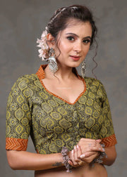 Olive Green Blouse With Brown Mandarin Collar