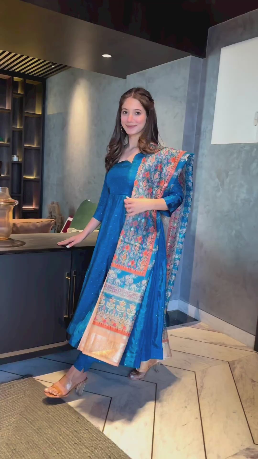 Aqua Blue Silk Suit Set With Organza Dupatta