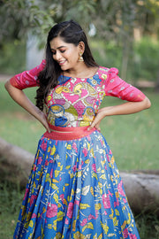 Blue and Pink Kalamkari Croptop And Skirt