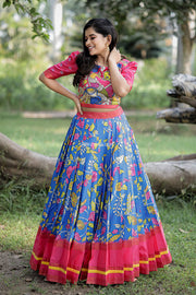 Blue and Pink Kalamkari Croptop And Skirt