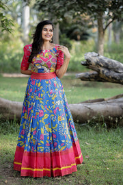 Blue and Pink Kalamkari Croptop And Skirt