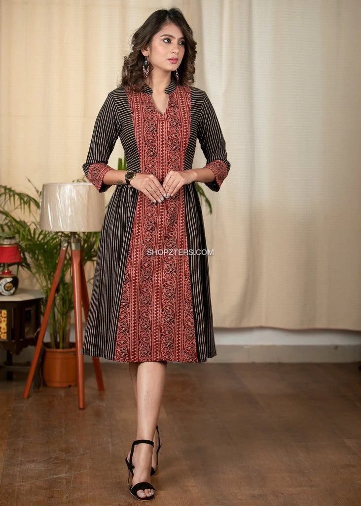 Maroon and Black Striped Midi Dress