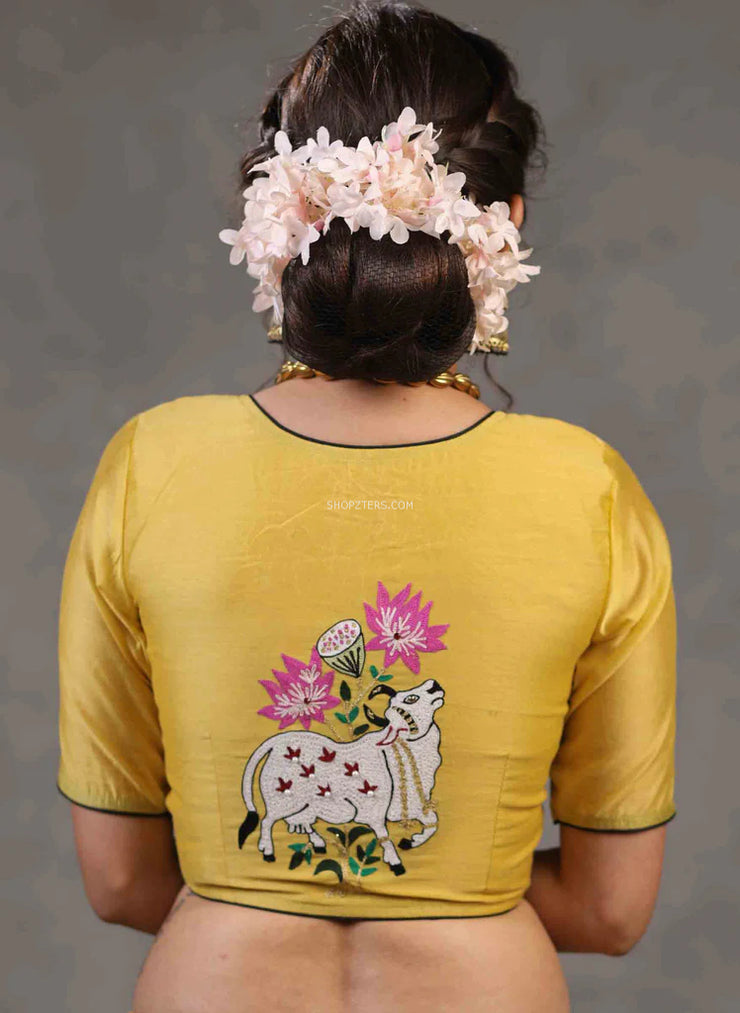 Yellow Chanderi Blouse With Embroidery on Back