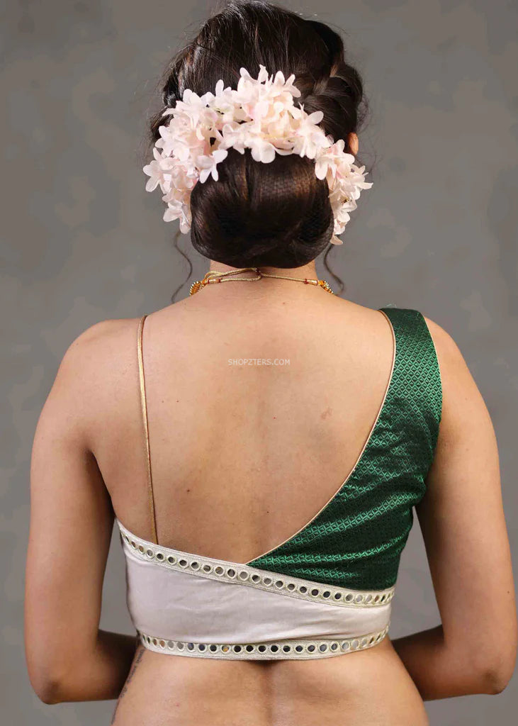 Off White & Green Chanderi And Khun Combination Blouse