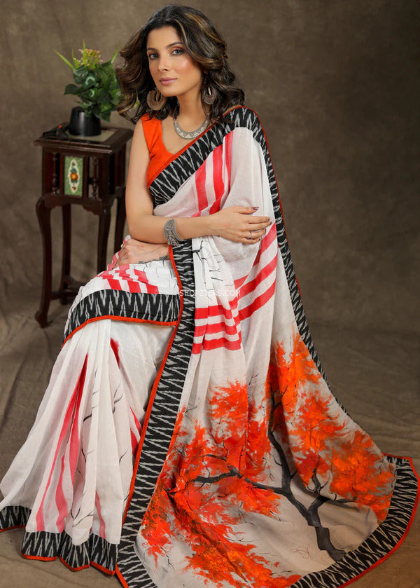White With Orange Hand Painted Saree With Ikkat Border