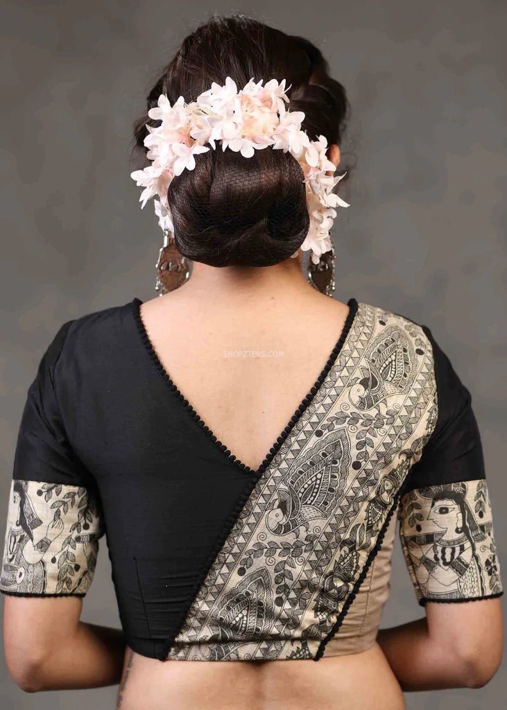 Black Cotton Silk Blouse With Madhubani Patch