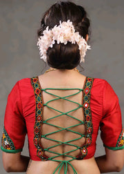 Red Cotton Silk Blouse With Kutch Mirror Work