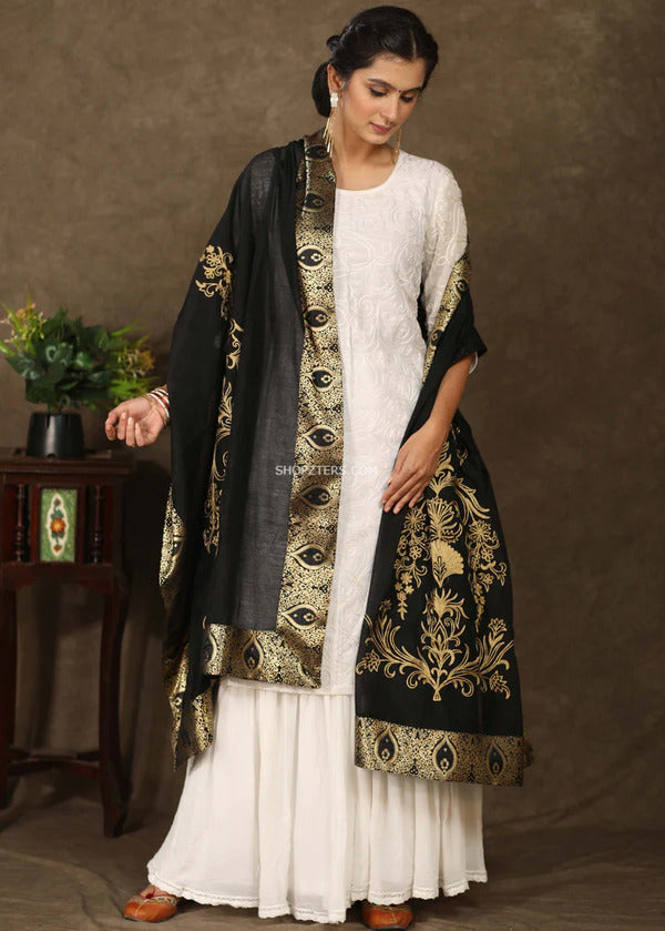 Black Chanderi Dupatta With Banarasi Border