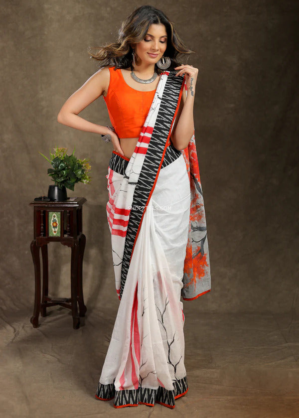 White With Orange Hand Painted Saree With Ikkat Border