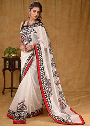 White Chanderi Saree With Hand Embroidery