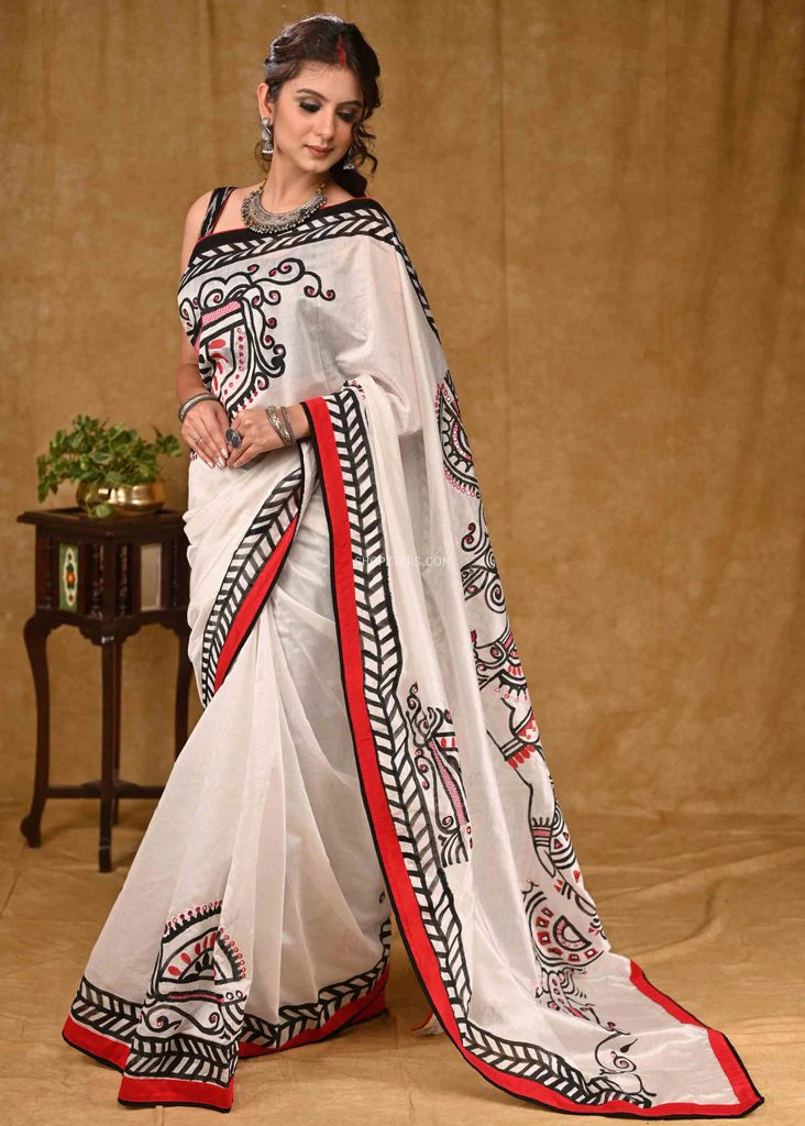 White And Pink Chanderi Saree