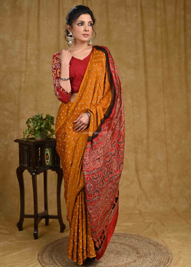 Mustard Silk Bandhej Saree With Ajrakh Block Printed Border