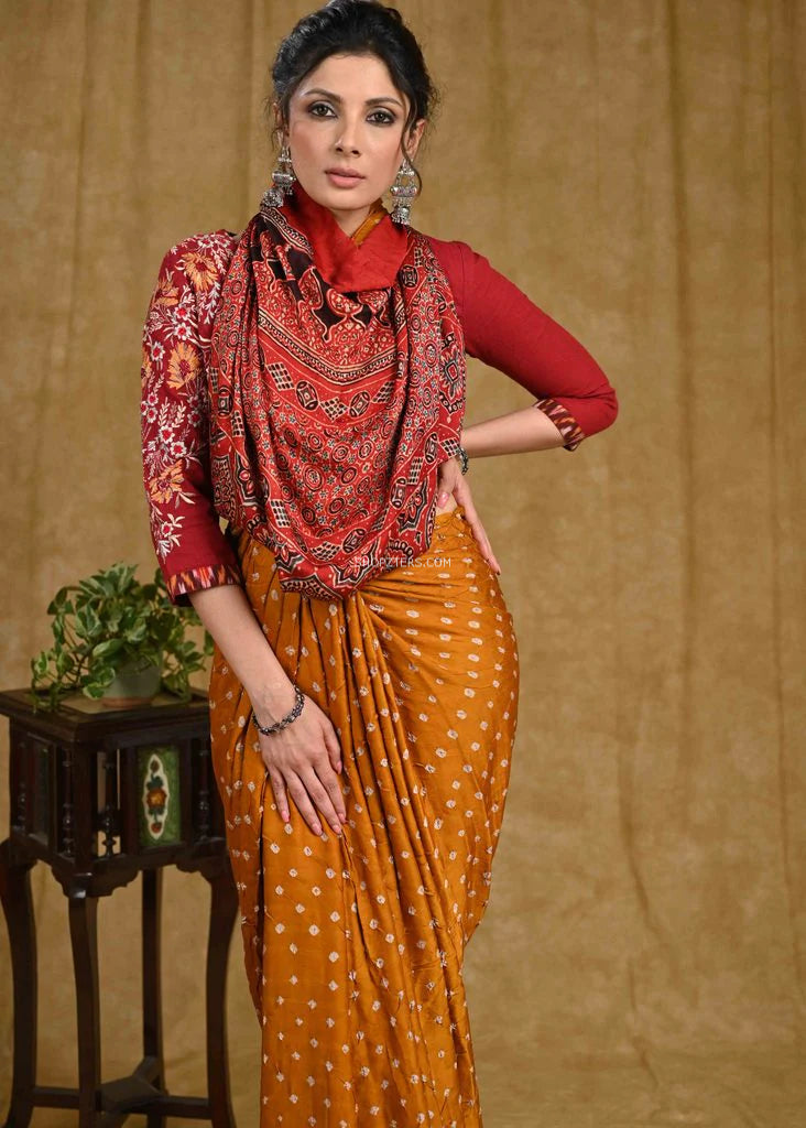 Mustard Silk Bandhej Saree With Ajrakh Block Printed Border
