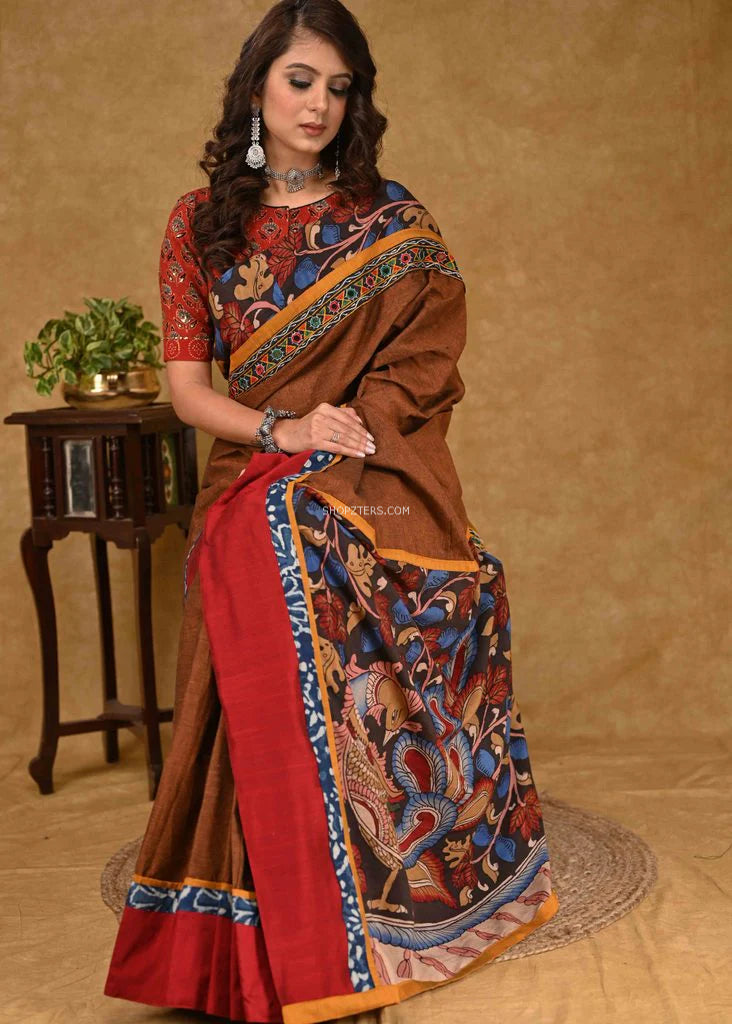 Rust Cotton Saree With Maroon Border And Kalamkari Pallu