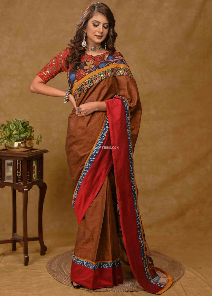 Rust Cotton Saree With Maroon Border And Kalamkari Pallu
