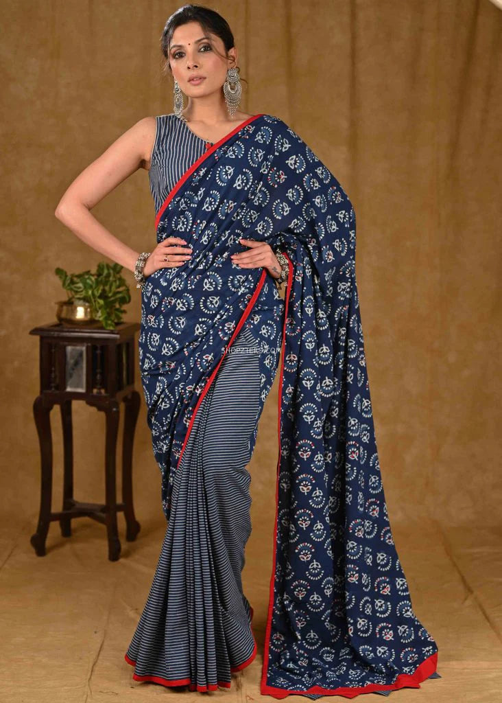 Indigo Cotton Ajrakh Saree