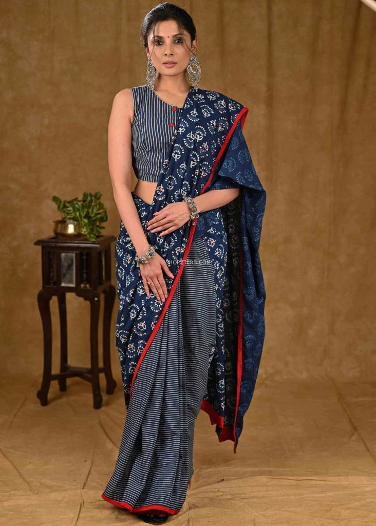 Indigo Cotton Ajrakh Saree