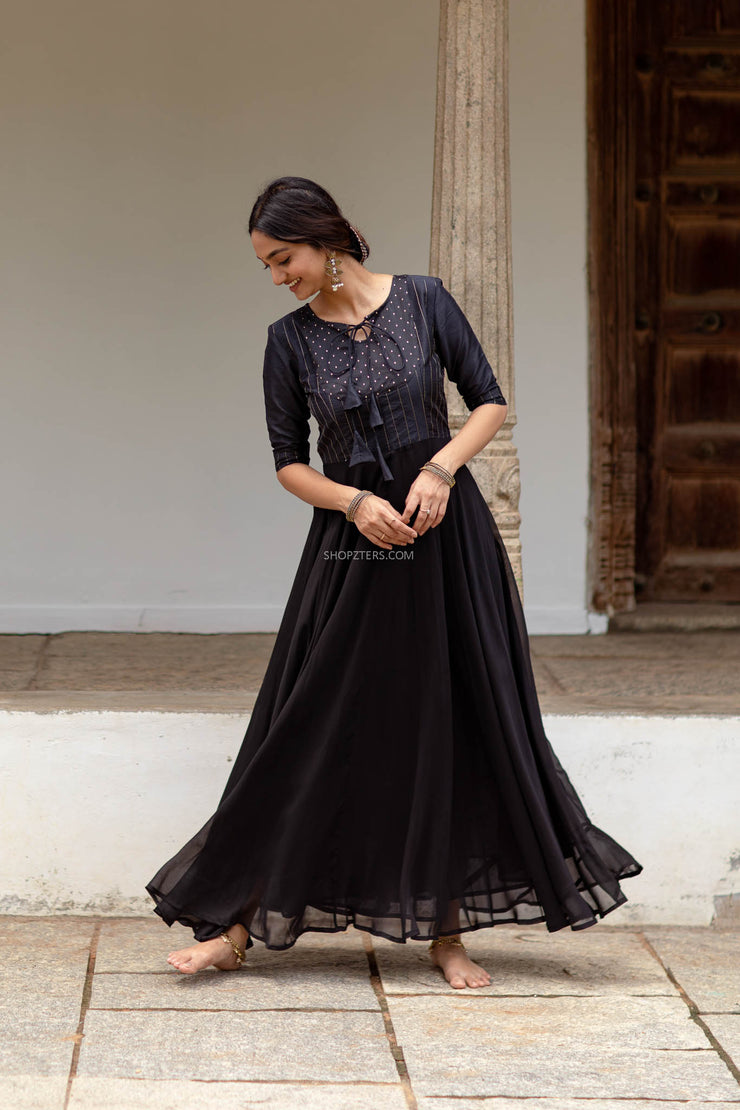 Black Goergette Dress with Raw Silk Yoke