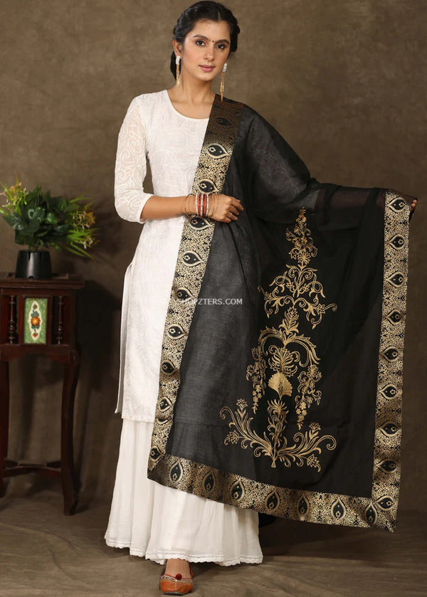 Black Chanderi Dupatta With Banarasi Border