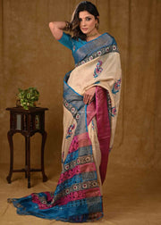 Beige Cutwork Tussar Silk Saree With Pink & Blue Border