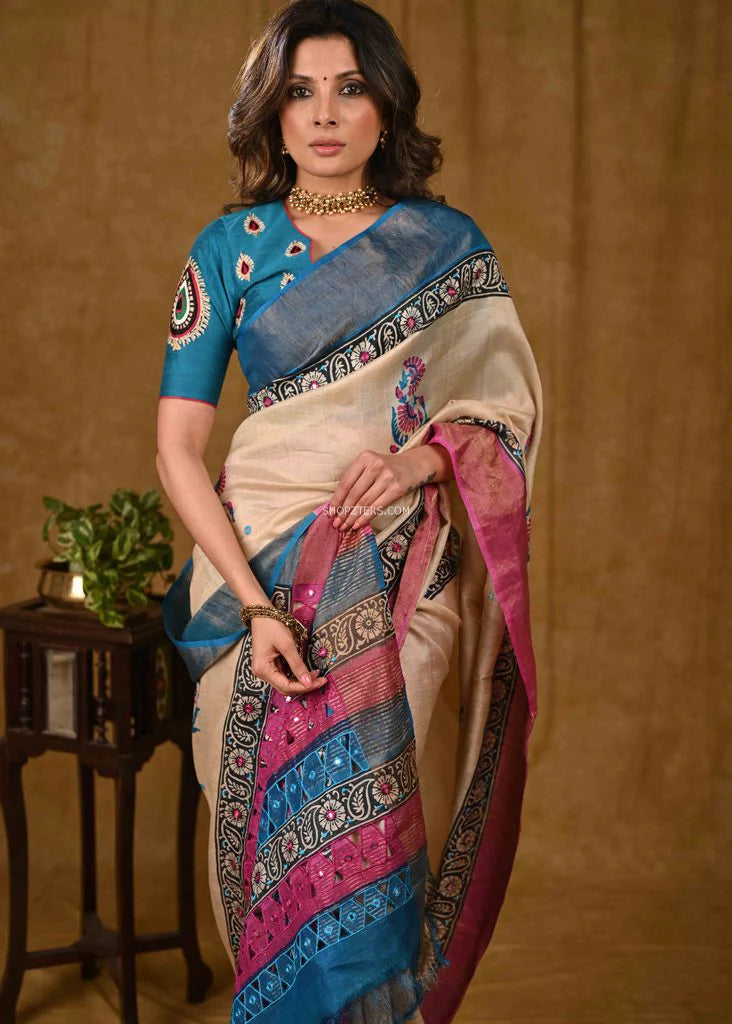 Beige Cutwork Tussar Silk Saree With Pink & Blue Border
