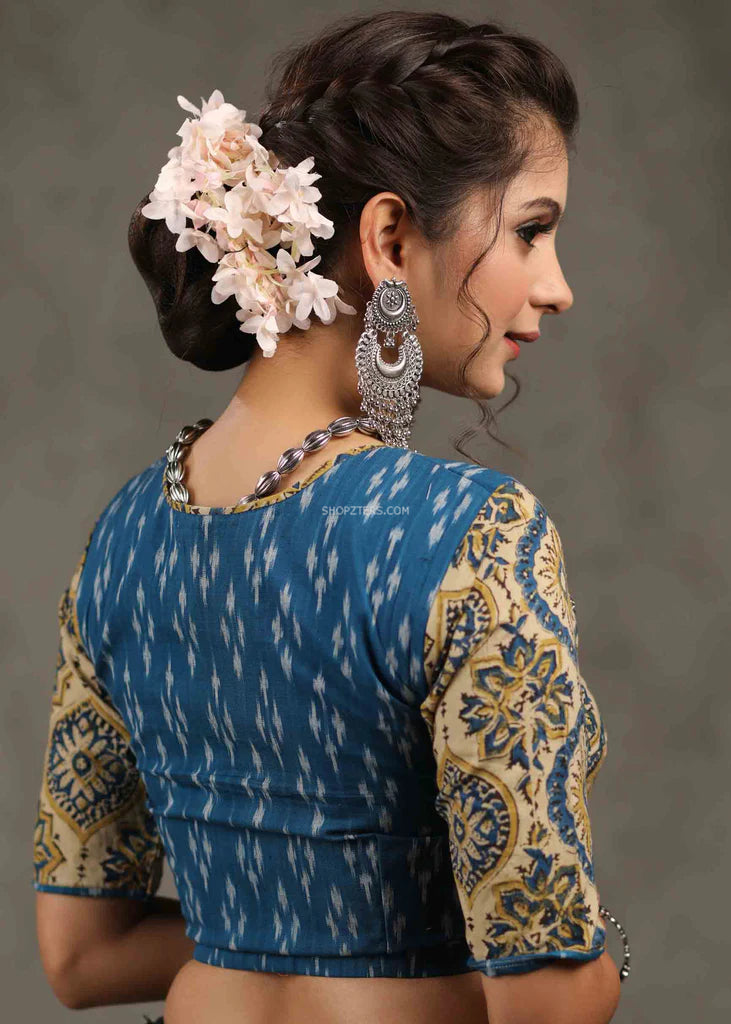 Blue Floral Ajrakh & Ikkat Combination Blouse
