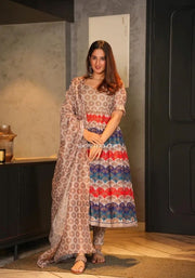 Multicolor Chanderi Suit Set With Printed Dupatta