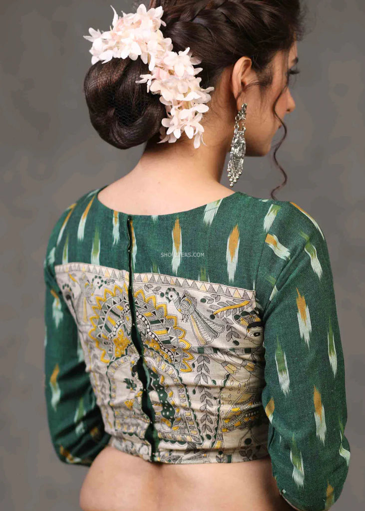Green Ikkat Blouse With Madhubani Combination