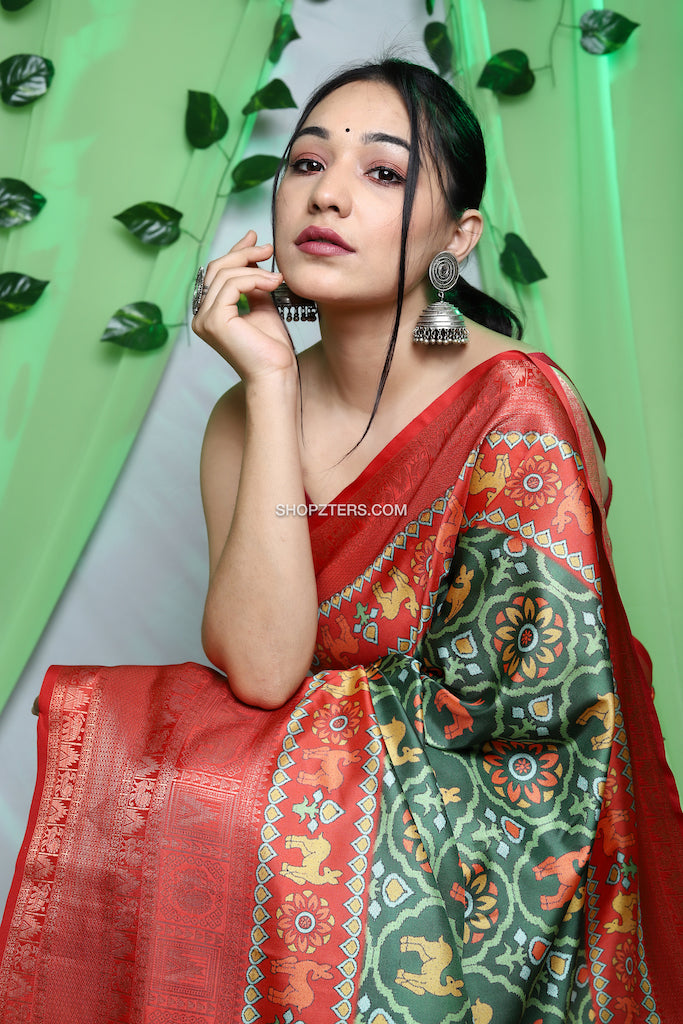Soft Silk Saree With Ikat Patola Prints