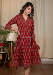 Maroon Ajrakh Printed Midi Dress