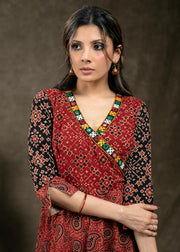 Red & Black Ajrakh Tunic With Kutch Work