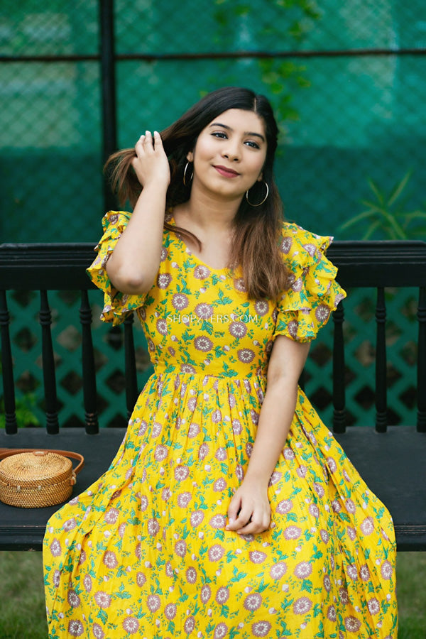 Buy Yellow Floral Print Long Dress Online - Aarke International Store View