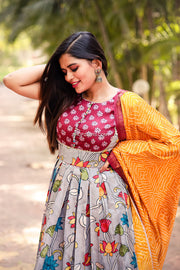 Grey and Maroon Floral Maxi With Yellow Dupatta