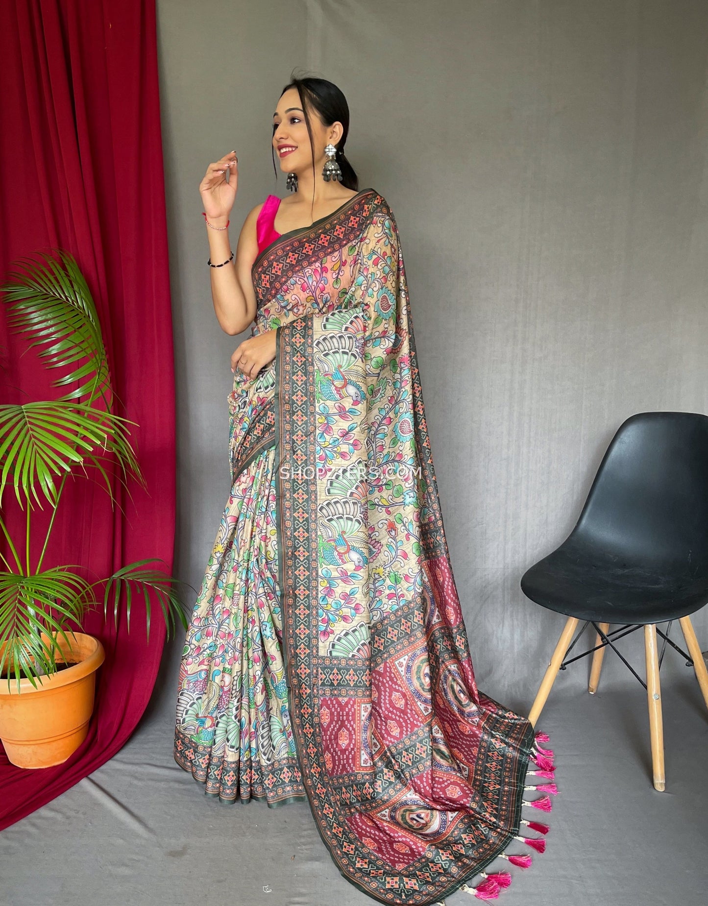 Cotton Saree With Bandhani Kalamkari Prints