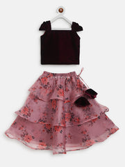 Wine Velvet Crop Top and Organza Layered Skirt