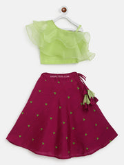Green Organza Crop Top and Purple Dupion Skirt