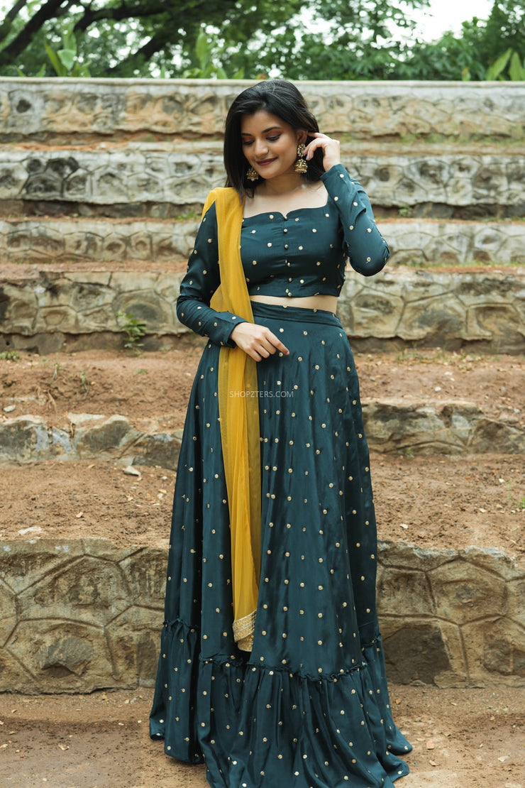 Jade Green Flared Lehenga With Embroidered Buttas