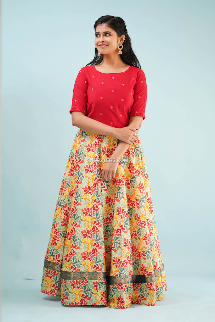 Red Dupion Crop Top With Floral Skirt