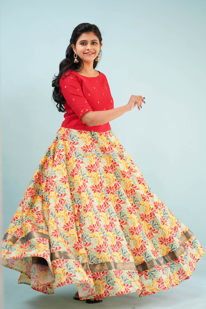 Red Dupion Crop Top With Floral Skirt