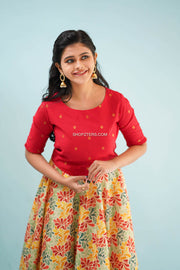 Red Dupion Crop Top With Floral Skirt