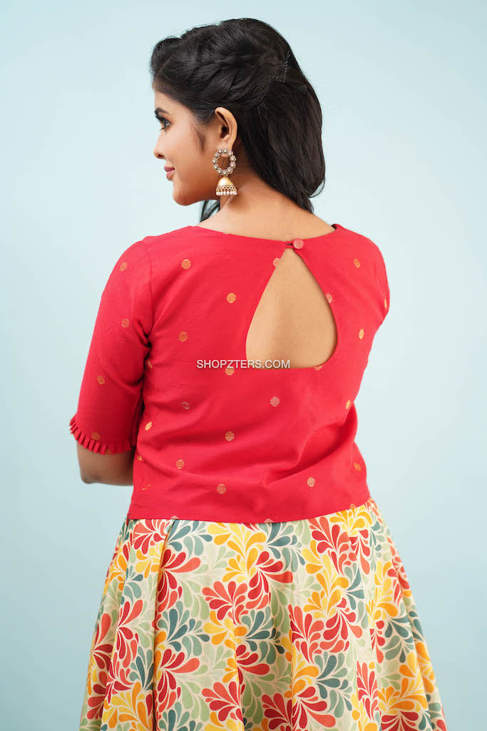 Red Dupion Crop Top With Floral Skirt