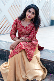 Red Brocade Top With Shimmer Skirt
