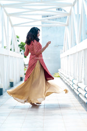 Red Brocade Top With Shimmer Skirt